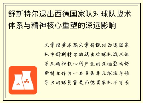 舒斯特尔退出西德国家队对球队战术体系与精神核心重塑的深远影响
