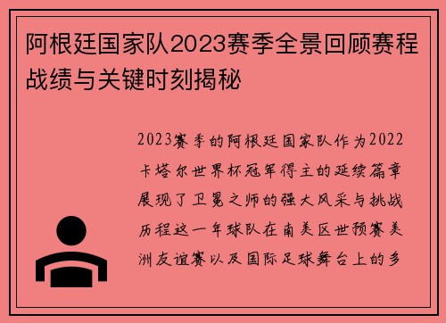 阿根廷国家队2023赛季全景回顾赛程战绩与关键时刻揭秘